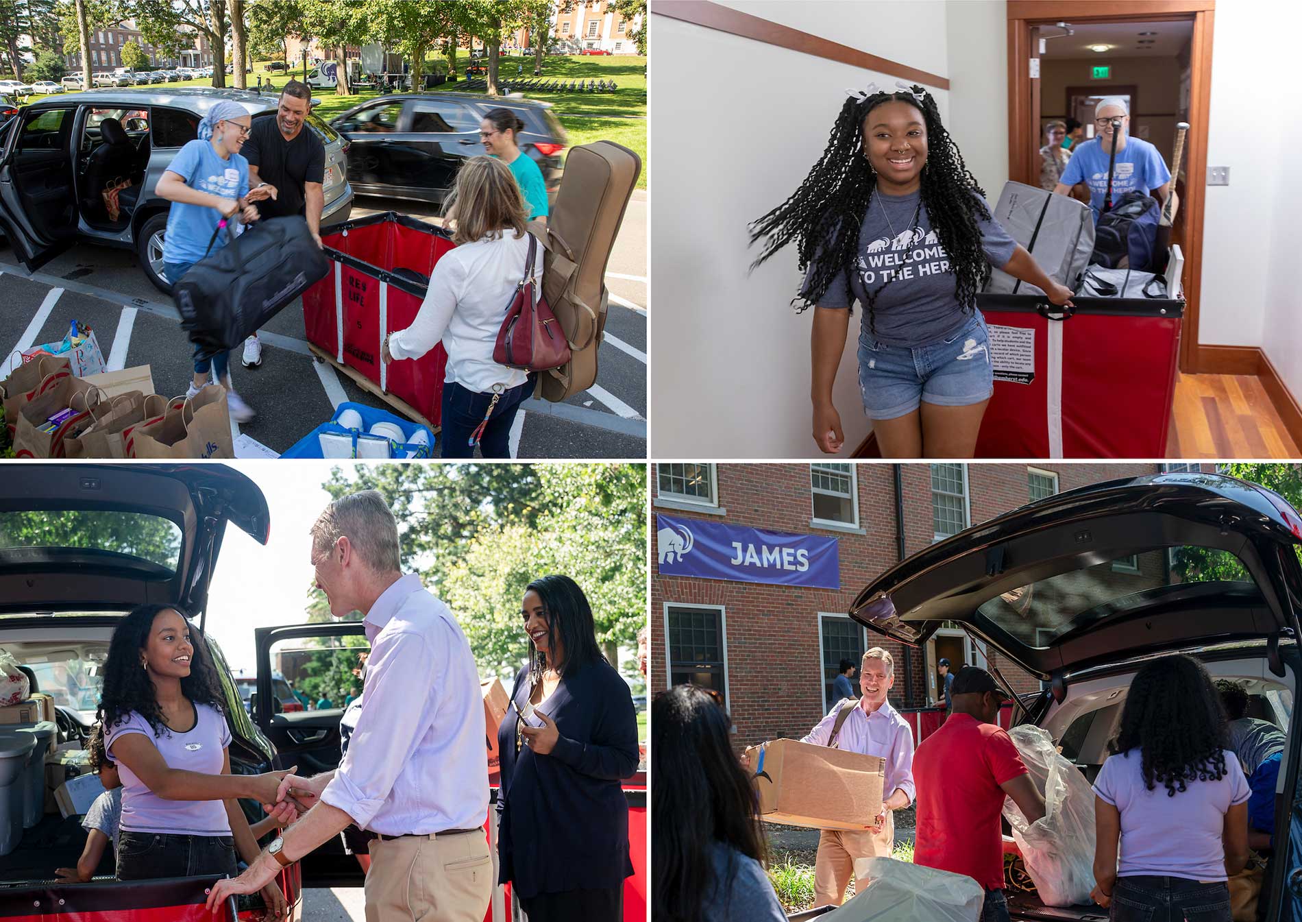 Amherst staff, including the president, help new students uload their belongings from cars.