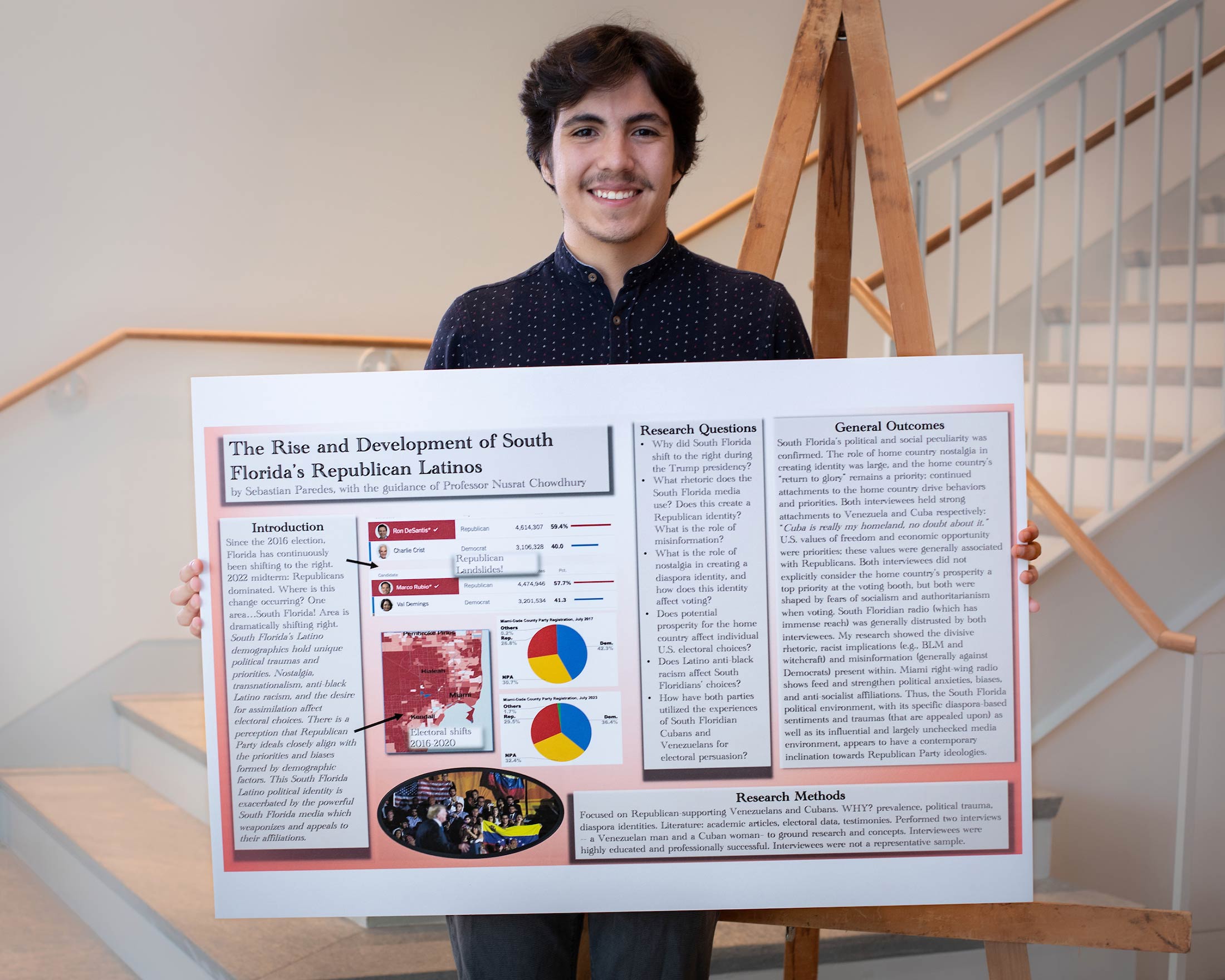Sebastian Paredes holds a research posster titled The Rise and Development of South Florida's Republican Latinos.