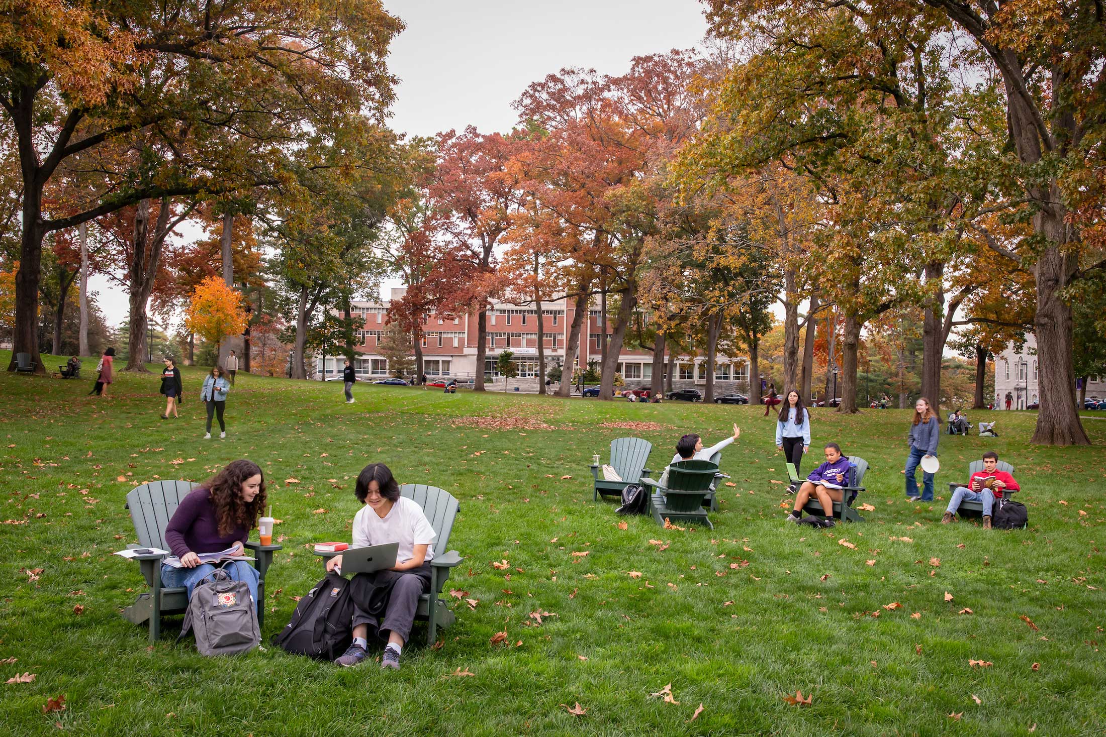 Students hanging out on the Academic Quad at Amherst College.