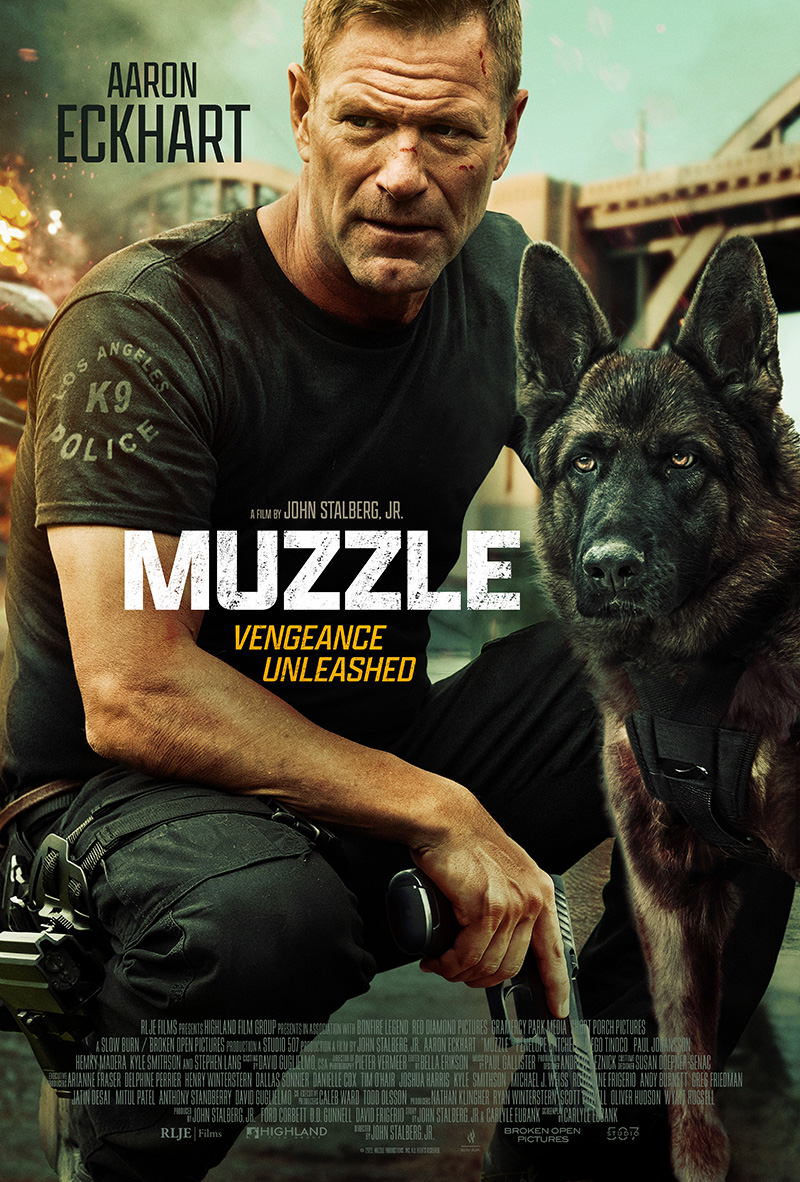 A movie poster titled Muzzle with a cop and dog