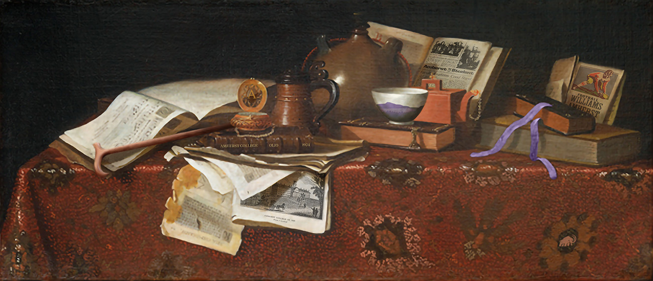 An old painting of a table with various books and papers spread across it