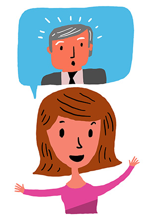A woman with her arms spread out and a speech balloon above her with a man in it