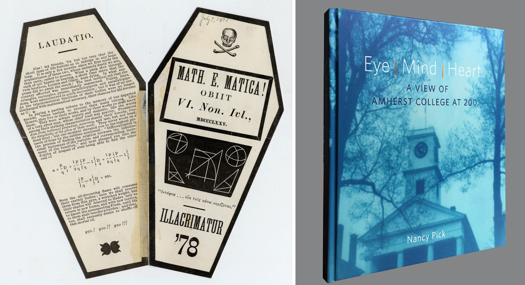 Photo of the cover of "Eye Mind Heart" and an archival image of a 19th century mock funeral program
