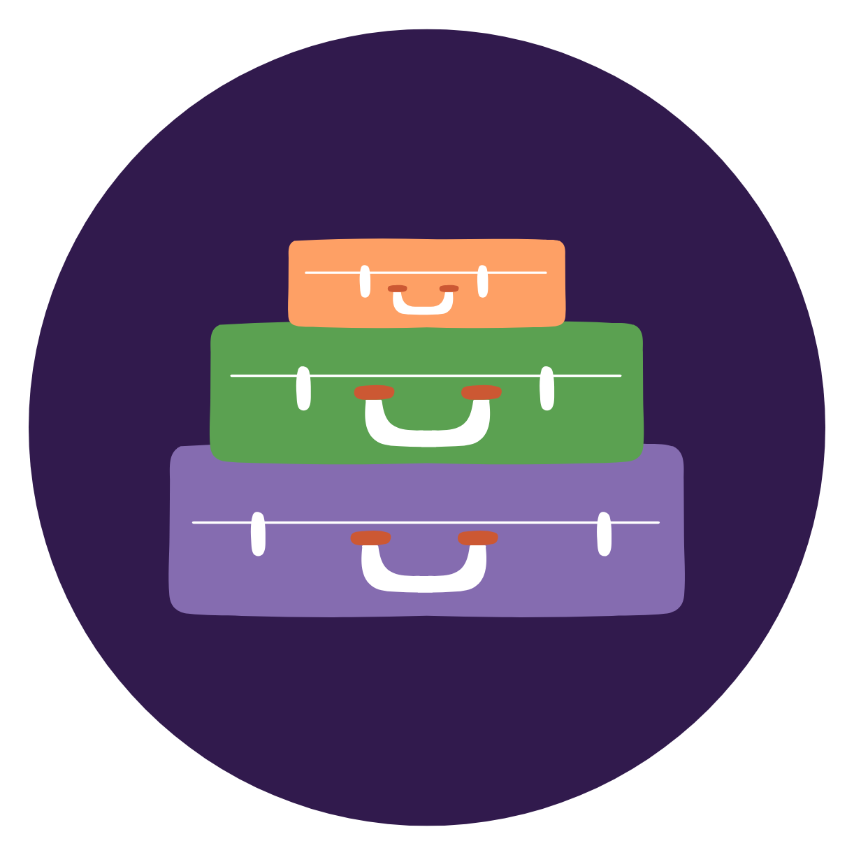 An icon with three suitcases in a purple circle