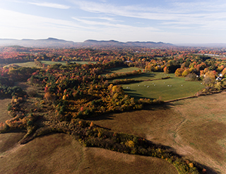 A aerial photo of the Amherst College sanctuary in fall.