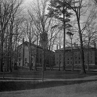 A black and white photo of the freshman quad