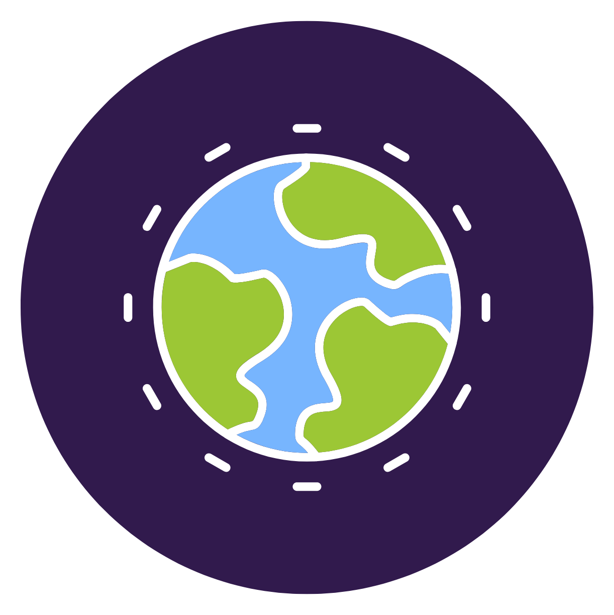 An icon with a cartoon globe in a purple circle