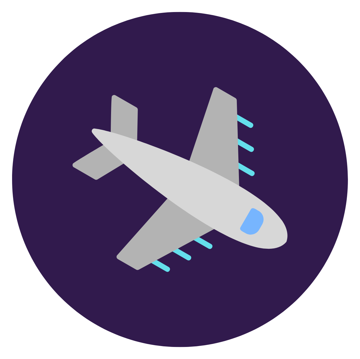 An icon with an airplane in a purple circle
