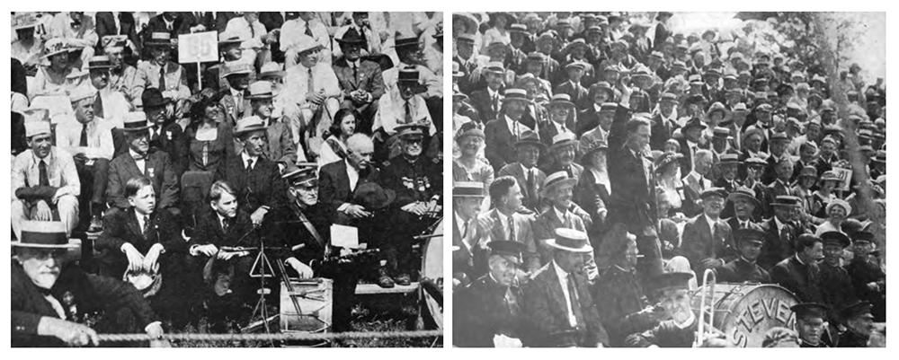 Two black and white photos of people gathered in stands