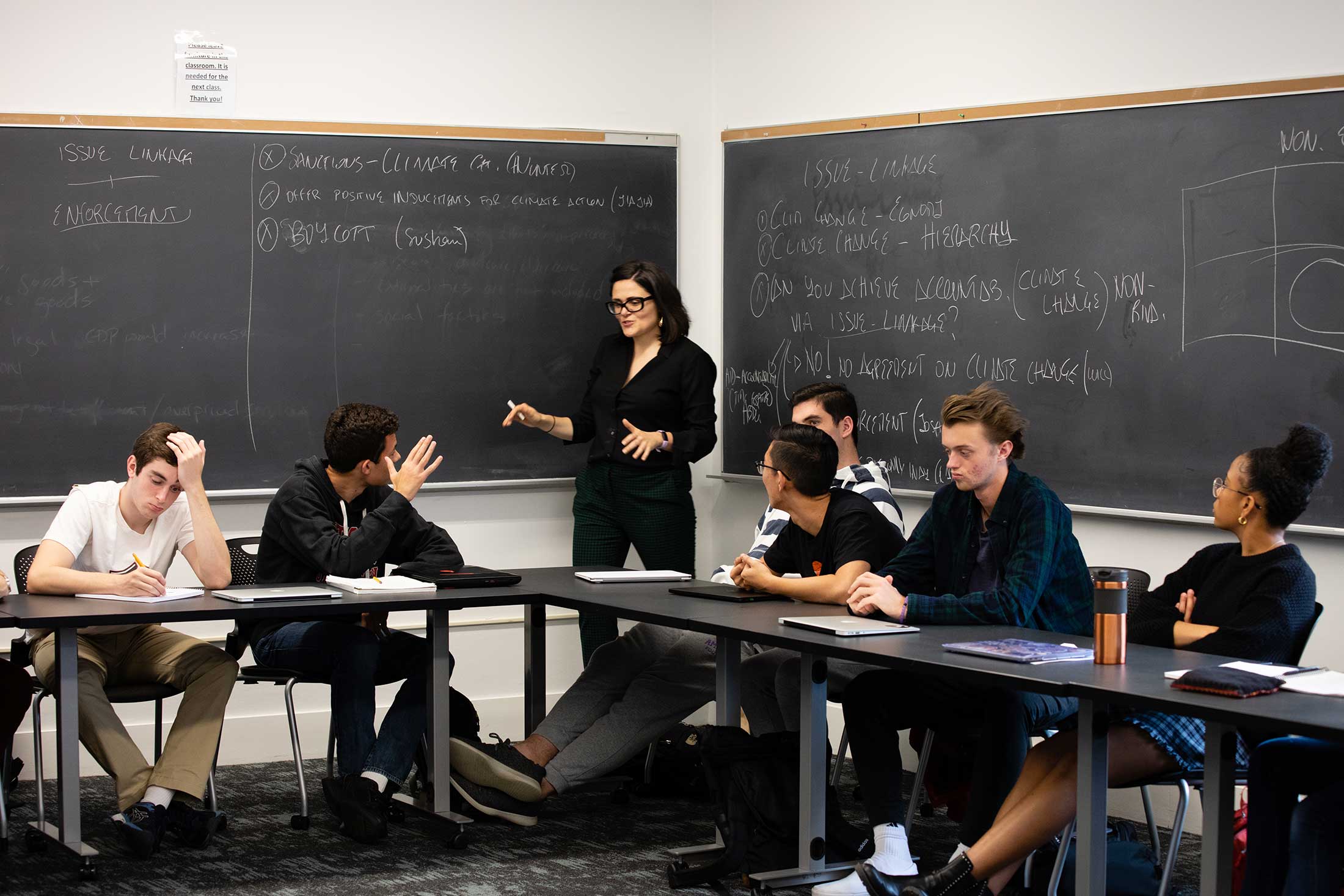 Eleonora Mattiacci's speaking to students in her Politics of Climate Change class