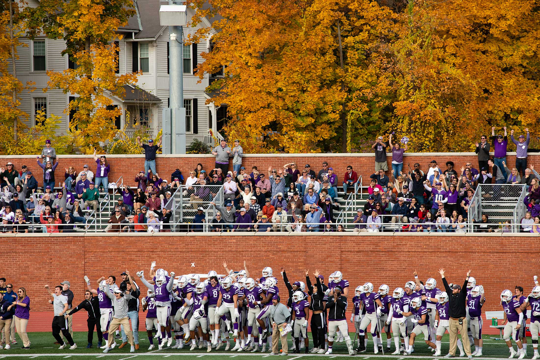Amherst College football team and fans reacting to a play