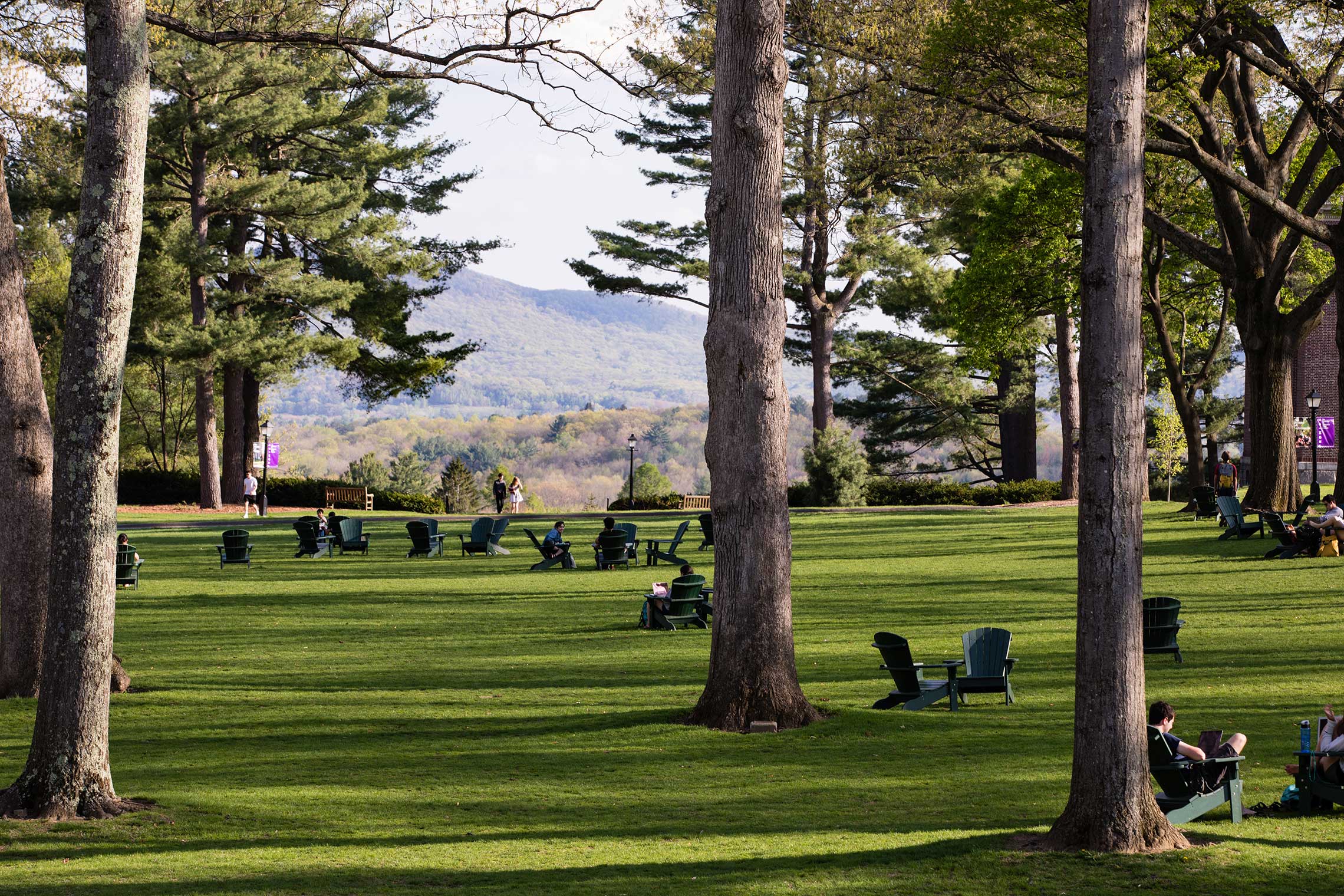 Adriondack chairs on the main quad on a sunny spring day.