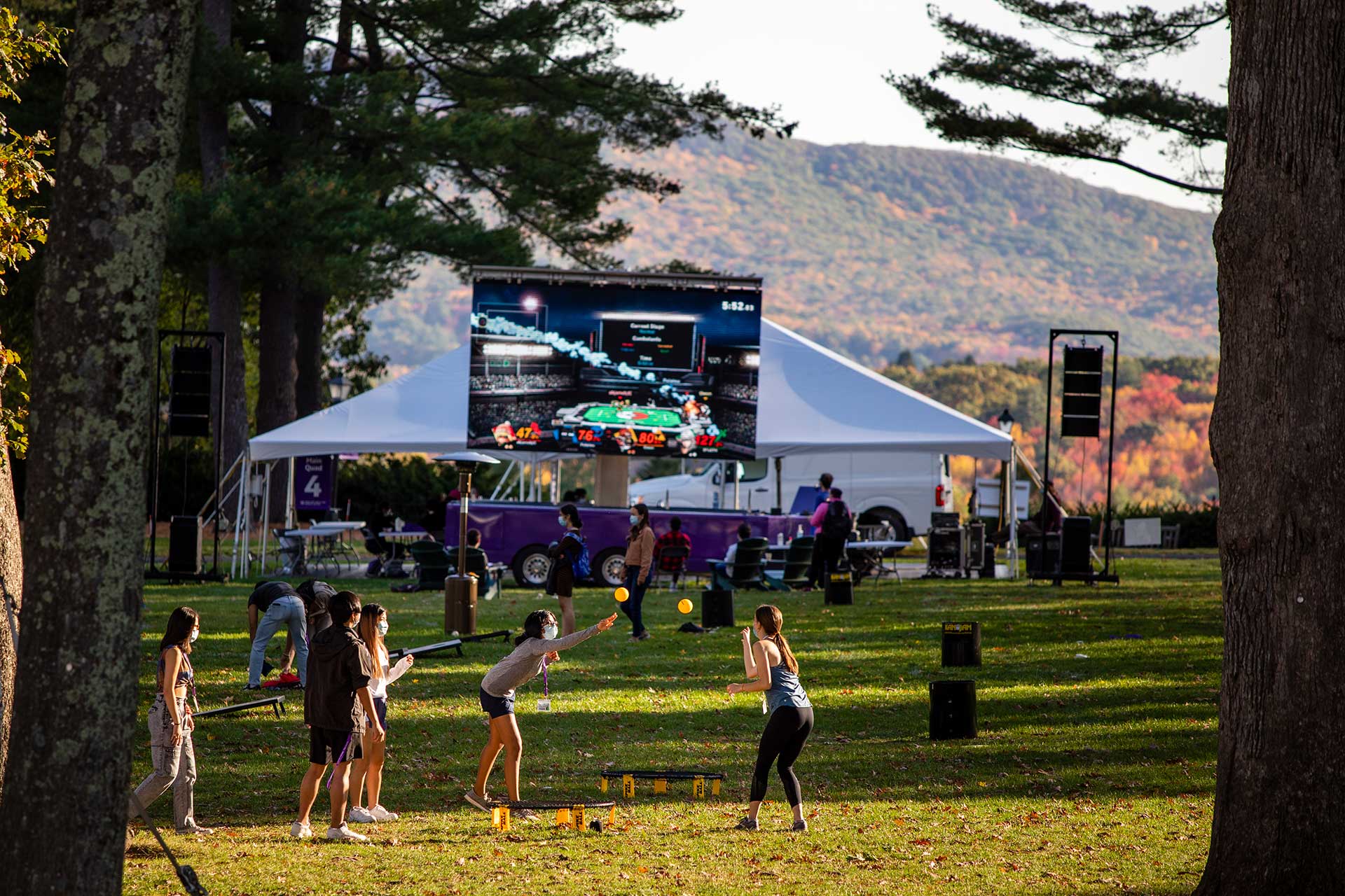 Students gather outside on the main quad of Amherst College campus