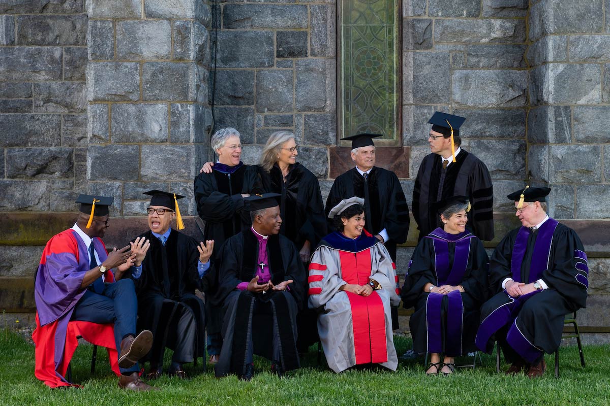 The recipients of honorary degrees at Amherst College gathered in front of Stirn Steeple