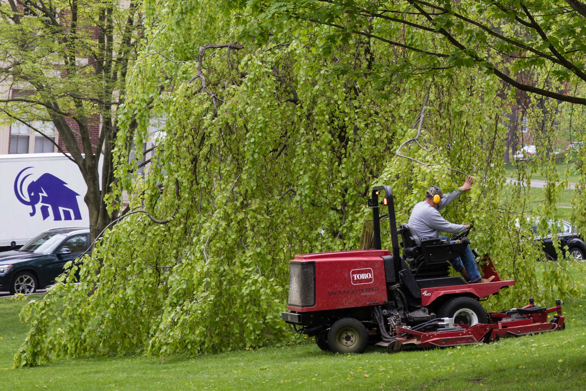 Mowing the grass on the Amherst College campus