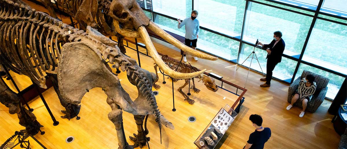 a student giving a socially distant tour inside the beneski museum of natural history
