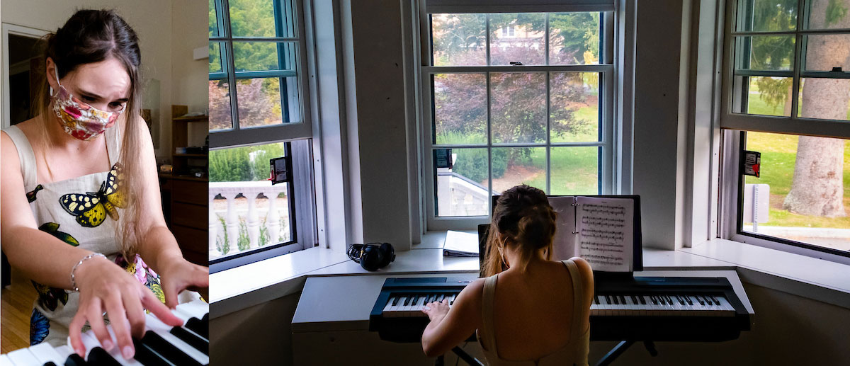 a student practices the piano in her dorm room