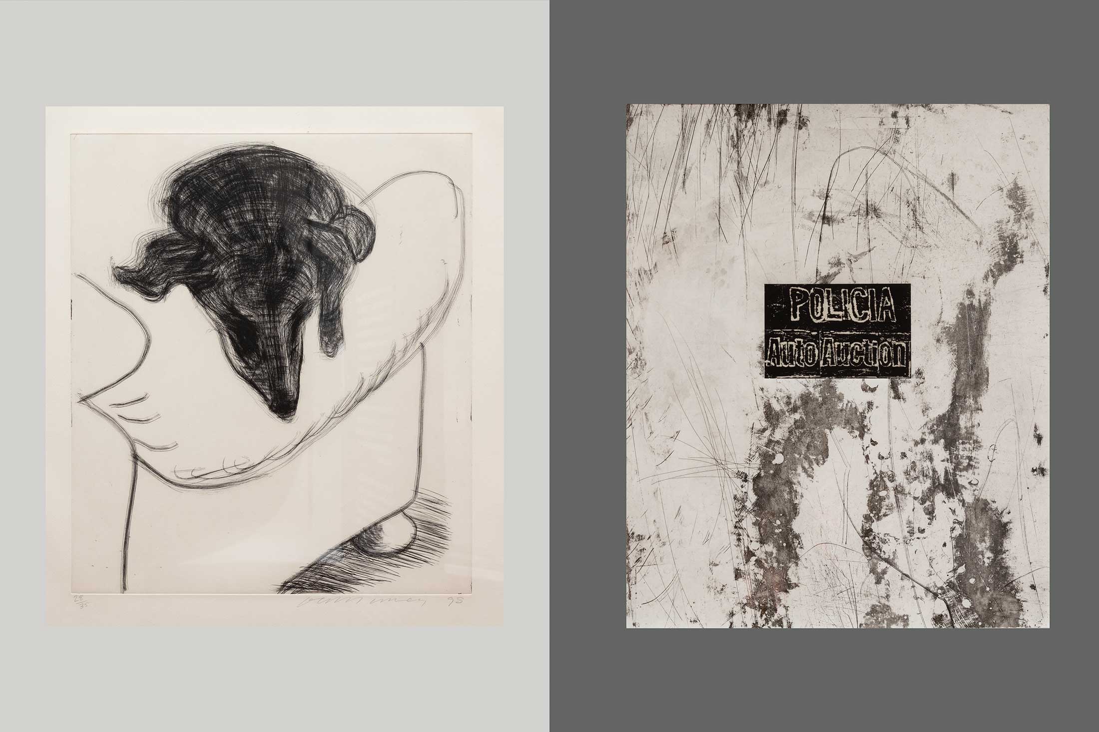 Left: Dog Etching No. 4 by David Hockney; Right: Untited by Mark Bradford