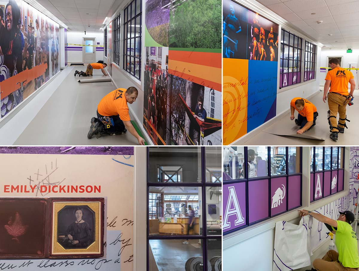 Four images of worker installing colorful murals and memorabilia in the Alumni Gym.