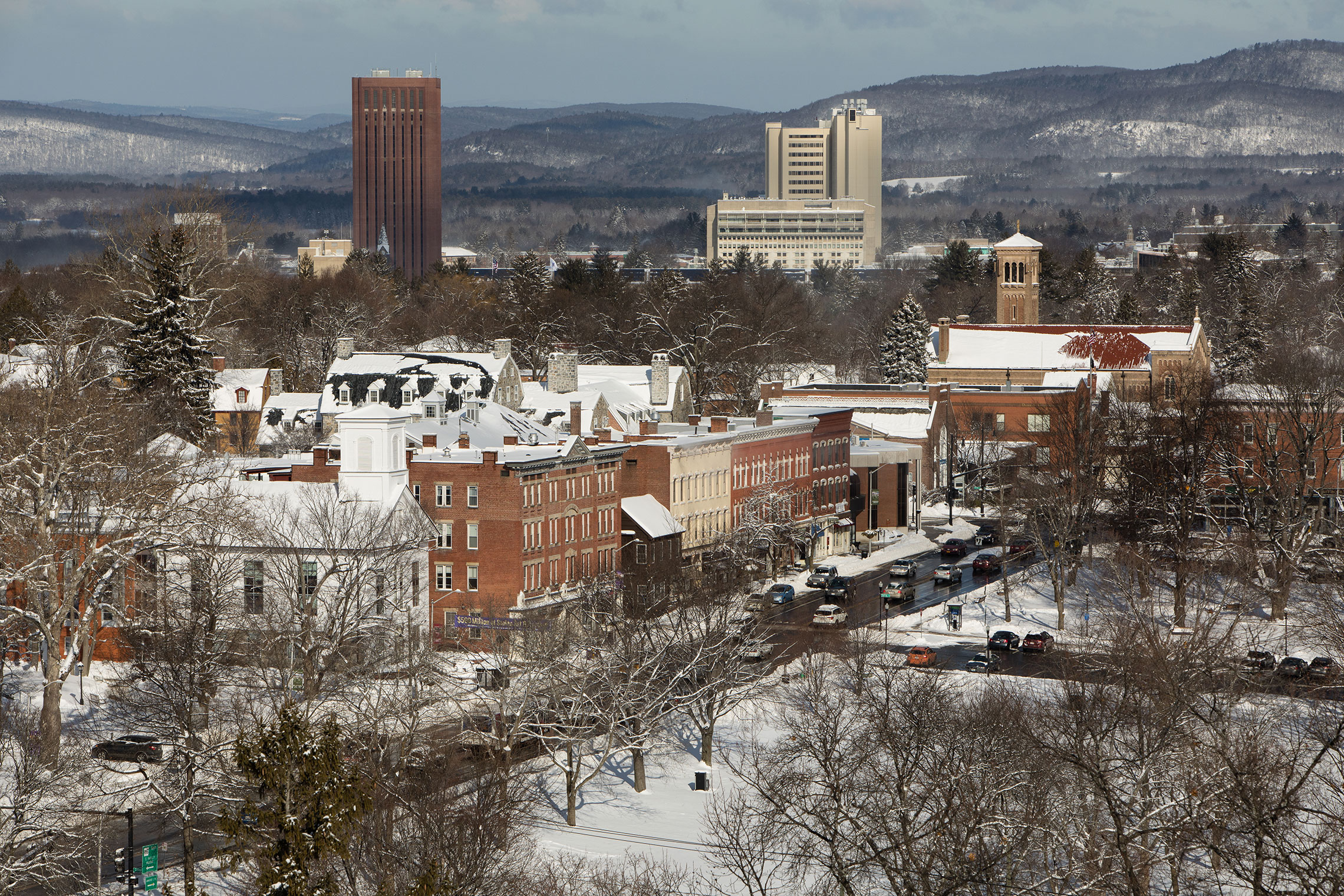 Aerial view of Amherst College in winter.