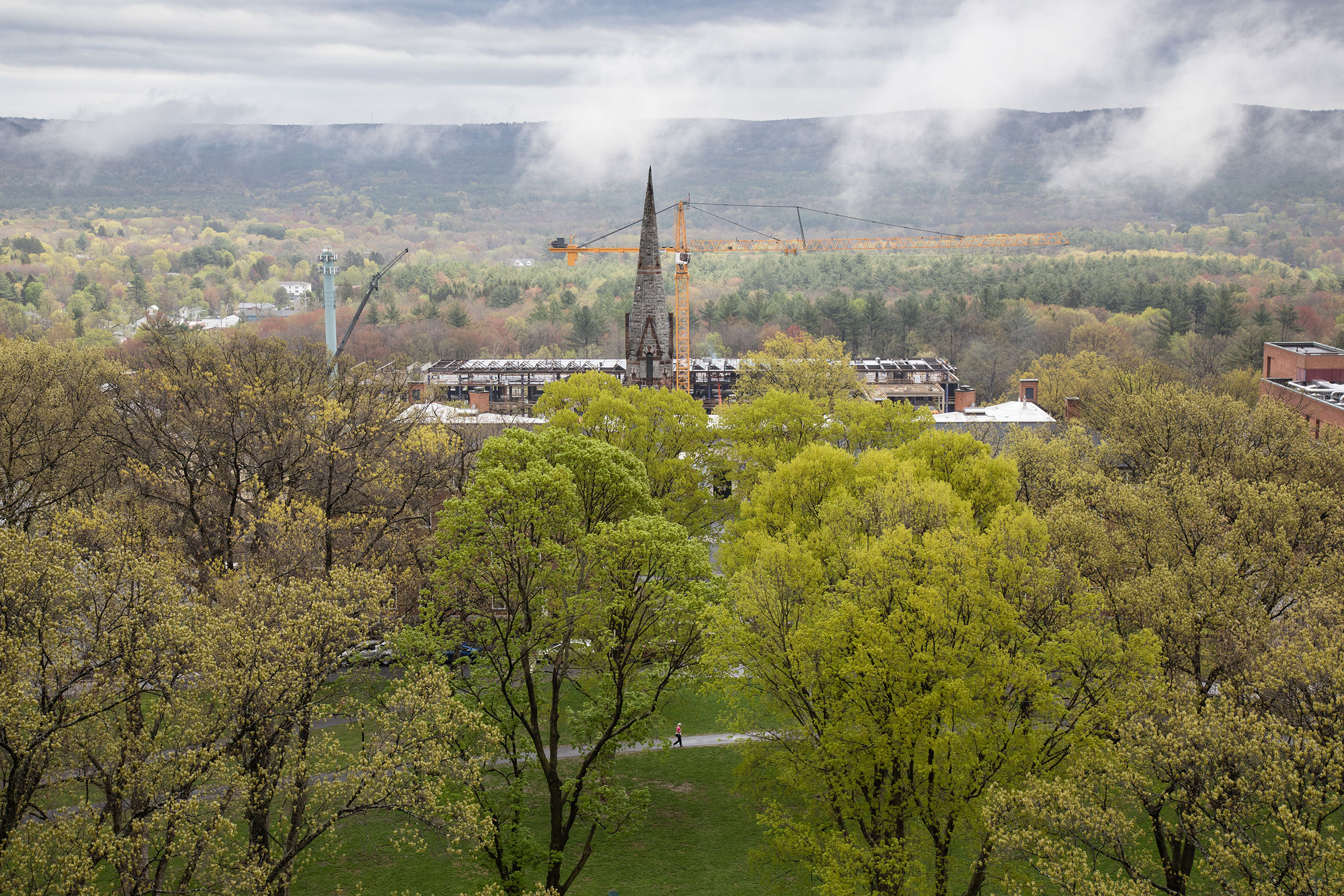 Aerial view of Amherst College in spring.