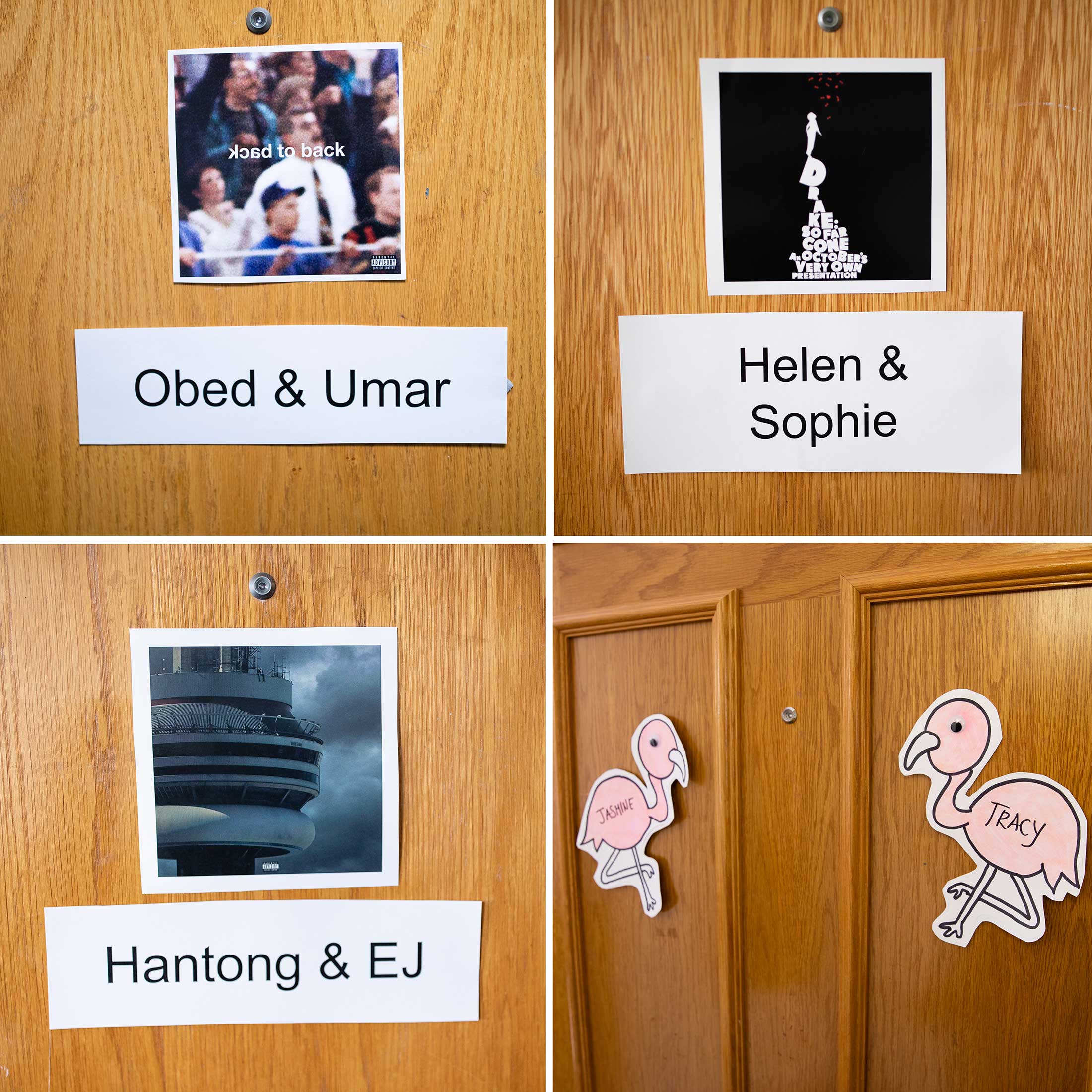 Examples of unique names tags found on residence hall rooms
