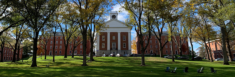 Johnson Chapel on a sunny day from the Amherst College quad