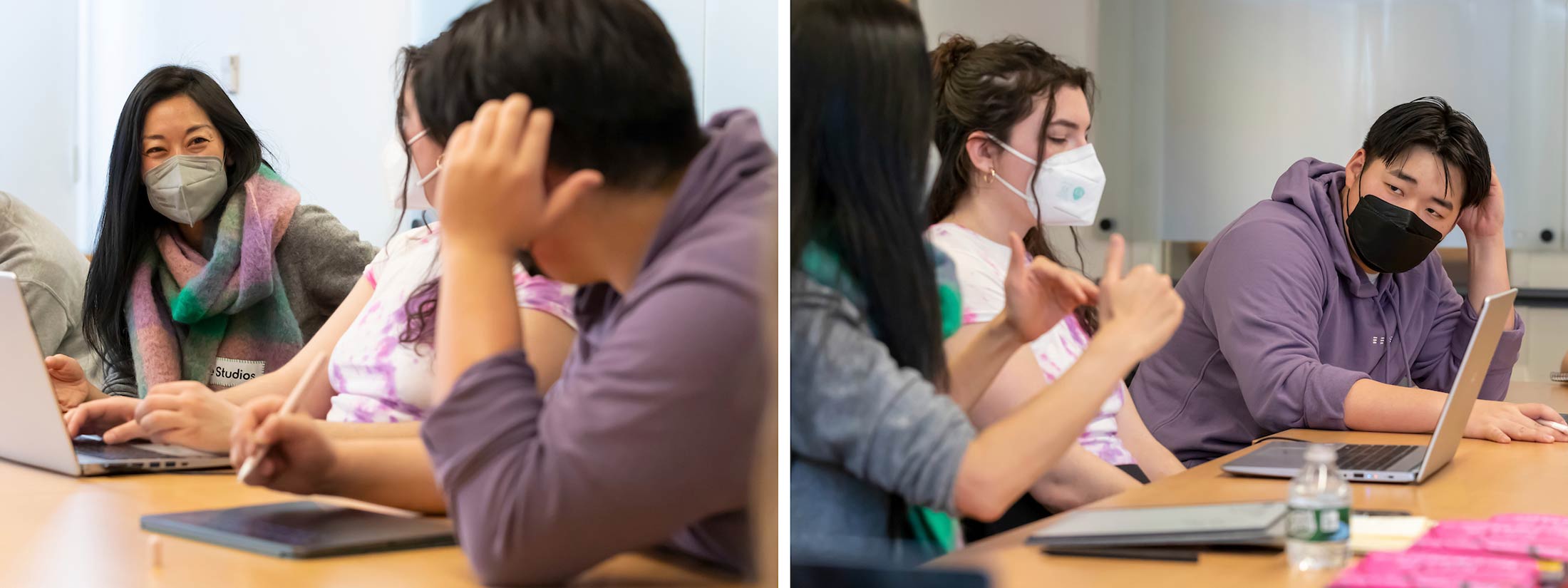 A student rests his head on his hand as he listens intently to Katie Kitamura.
