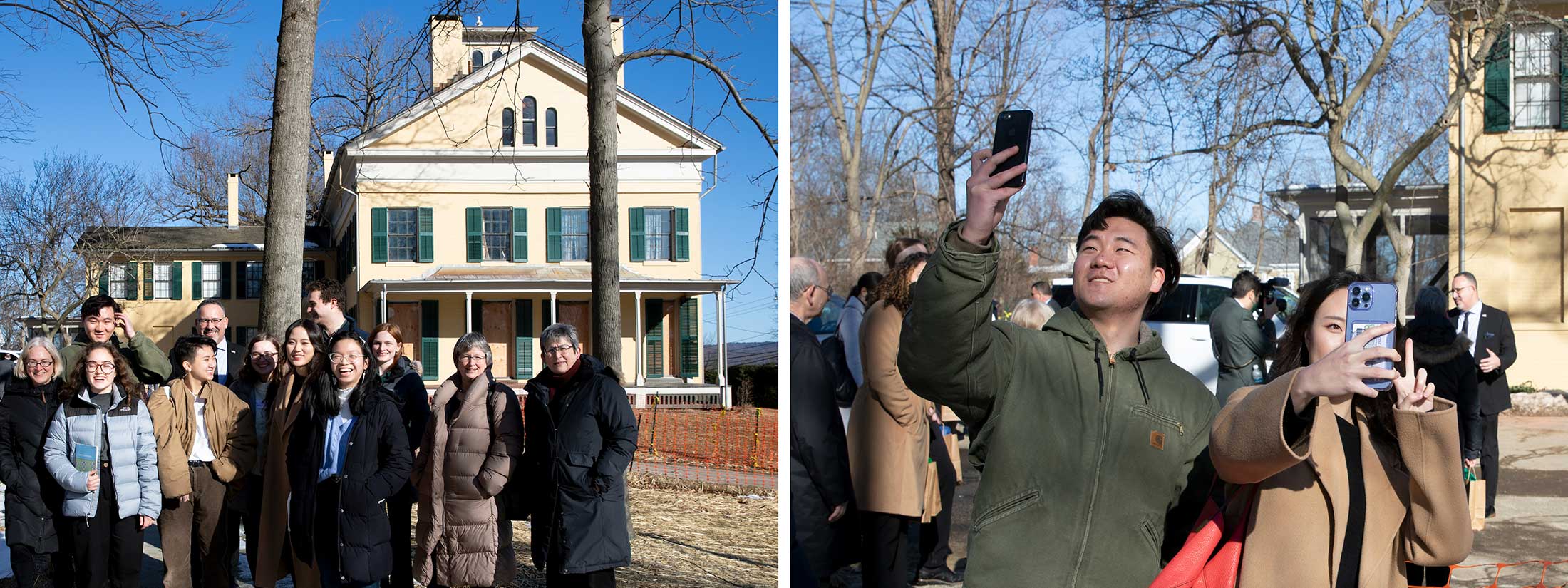 Visitors gather for photos outside of Emily Dickinson's home, The Homestead