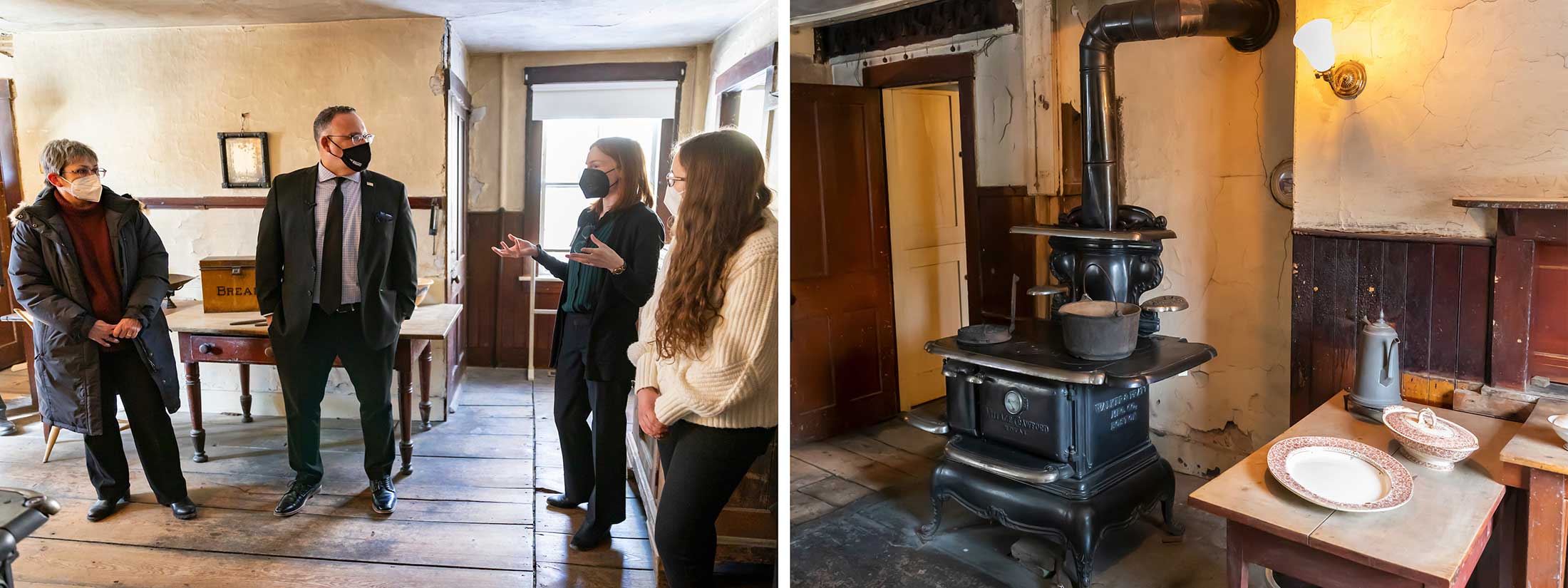 Miguel Cardona and others tour the kitchen of The Evergreesn where the original cookstove still stands