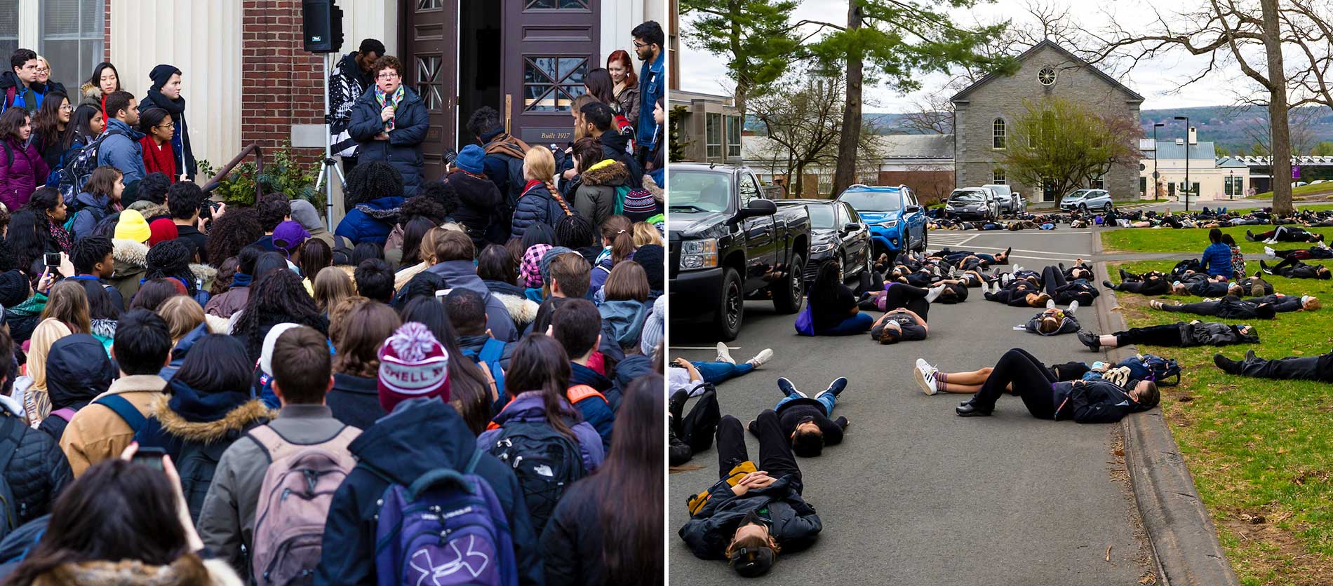 Students gather to listen during a protest; and students lie prone on the ground in support of Black Minds Matters.