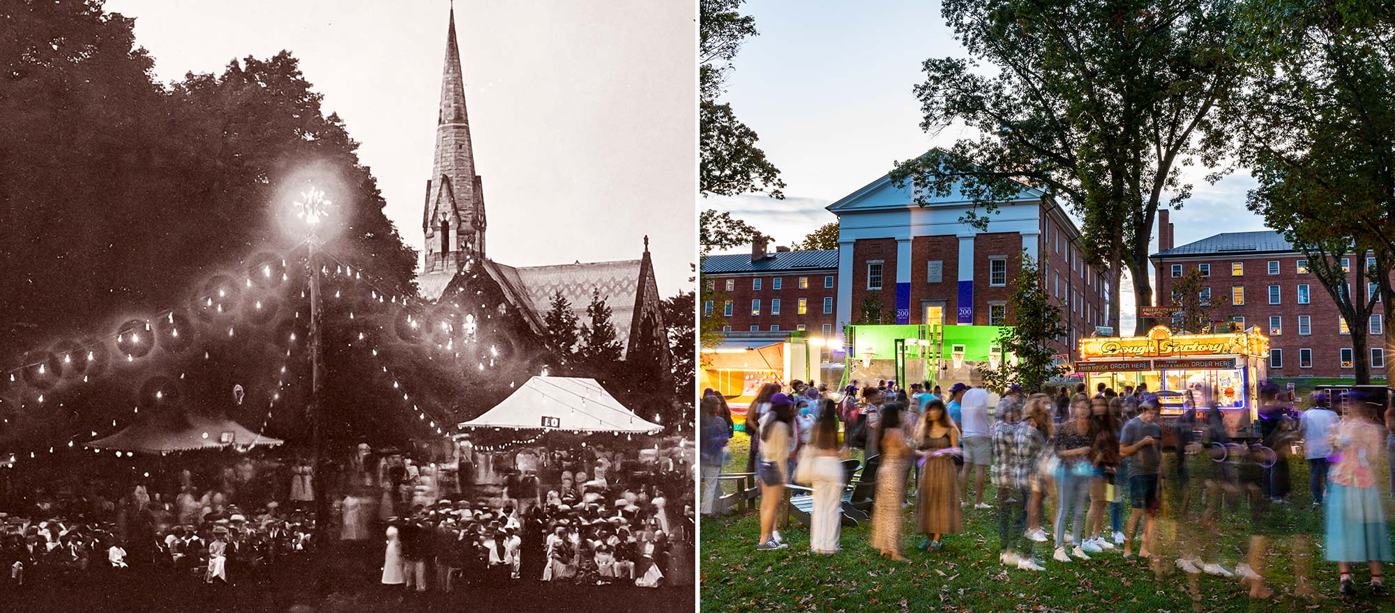 Two photos of the same place on the academic, a historic black and white image, and one taken during the bicentennial party