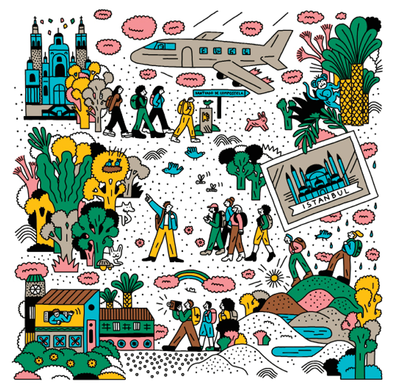 A colorful illustration of people walking in different parts of Istanbul