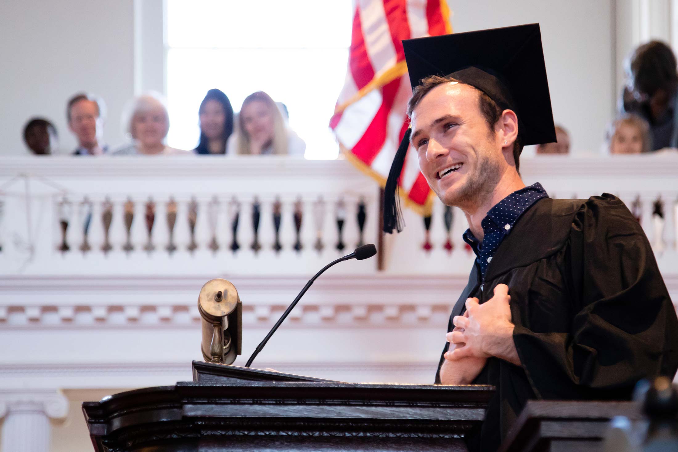 Tucker Meijer ’19 speaking to his classmates during Senior Awards Assembly in Johnson Chapel at Amhert College