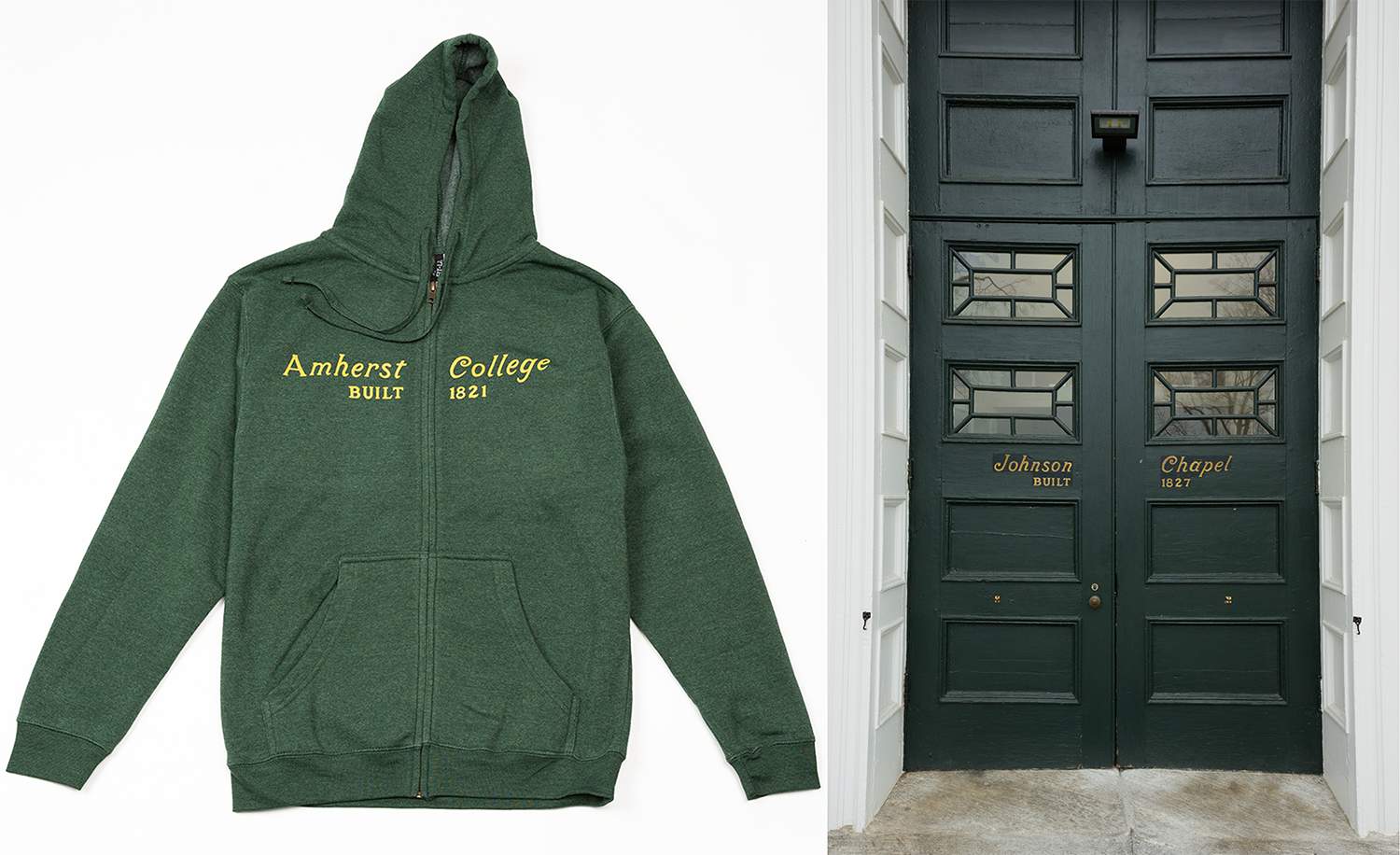 A green sweatshirt and a pair of green doors with similar lettering