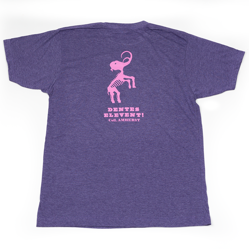 A purple t-shirt with a mammoth skeleton on it