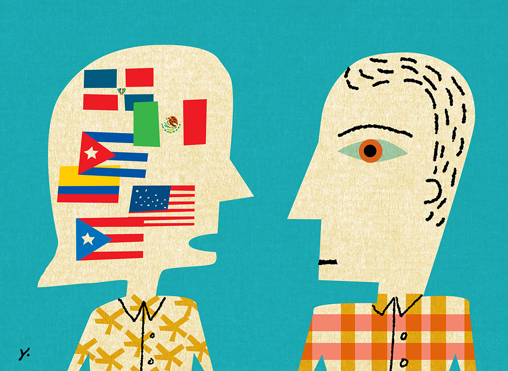 Illustration of two people in a discussion, one whose head is filled with international flags.