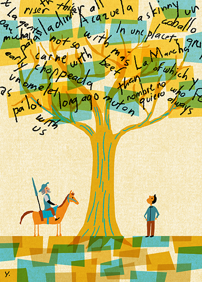 Illustration of a tree with words on the leaves and two people under the tree, one on horseback.