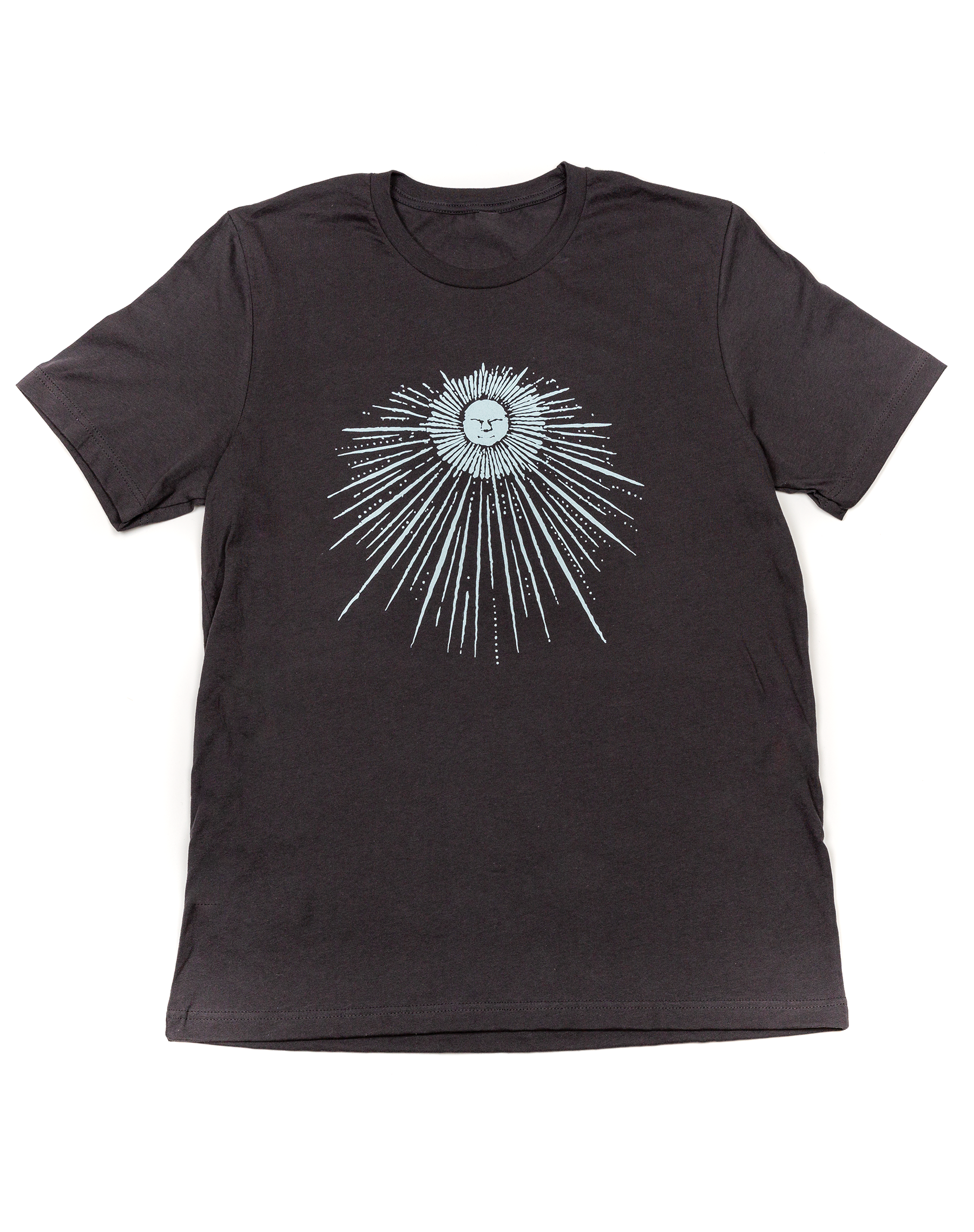 A black t-shirt with a sunburst with a face in it