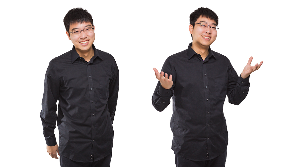 Two photos of a young Asian man smiling at the camera
