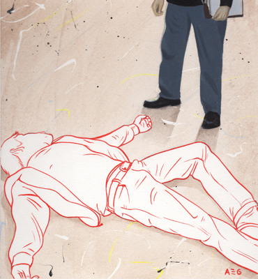 Illustration of prone body with policeman standing above