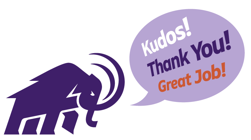 Amherst Mammoth with speech balloon saying Kudos, Thank you, Great job!