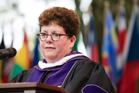 President Biddy Martin speaking to the Class of 2018 at Commencement