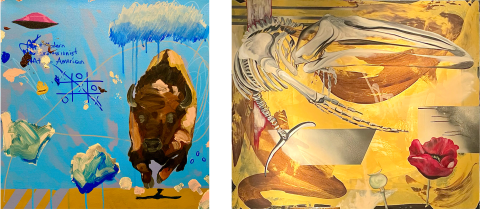 Left: Painting of a buffalo on a blue background with a rain cloud, ufo, tic tac toe drawing surrounded by abstract brush strokes. Right: Painting of a whale skeleton set against a yellow background with abstract shapes and a red poppy flower