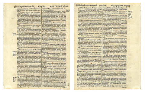 Two page spread of the Eliot Indian Bible