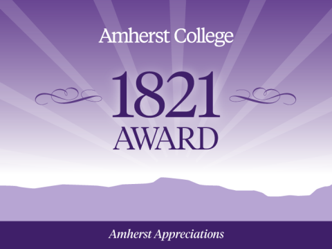 Amherst College 1821 Award. Purple Holyoke Range background with sun rays.