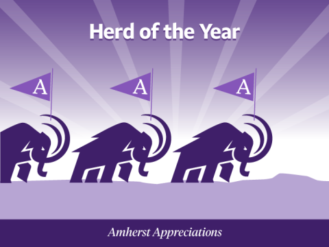 Herd of the Year. Three Mammoths walk together across the Holyoke Range, carrying flags emblazoned with the Amherst A