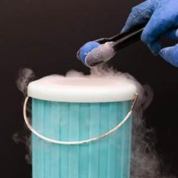 a gloved hand holding a pair of tongs over a dry ice container