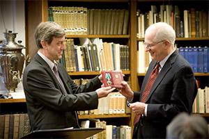 Professor William Taubman is presented with the Russian medal of  the Order of Friendship