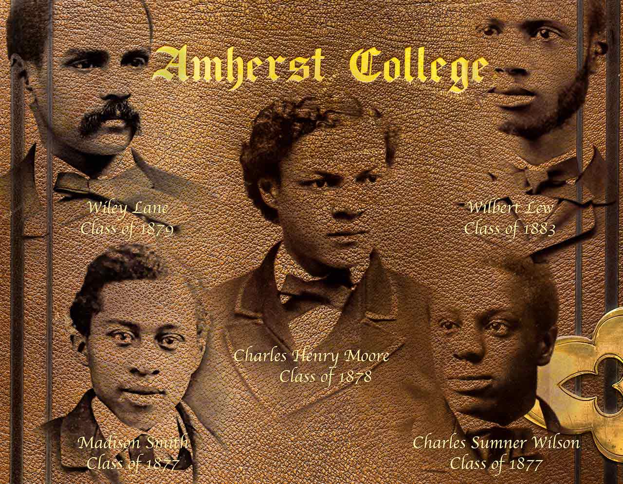Cover of an Amherst College year book with portraits of five students superimposed on the cover